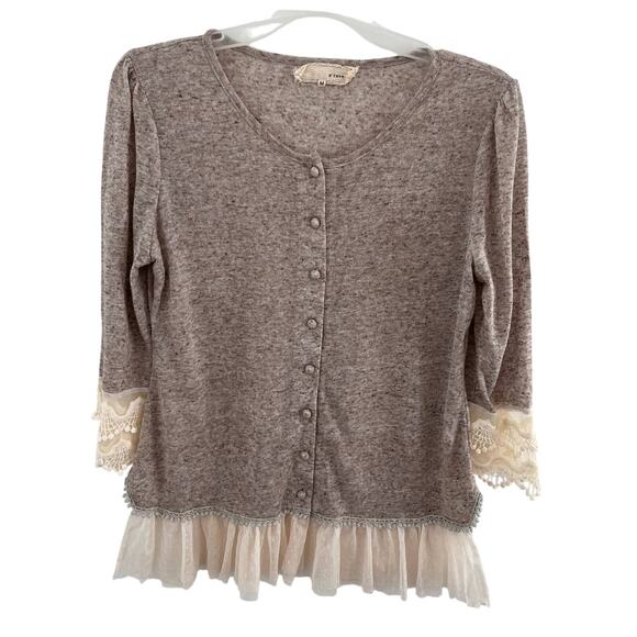 Areve Cardigan Womens Medium Beige Fairycore Cottagecore Sweater Romantic Linen - Picture 1 of 10